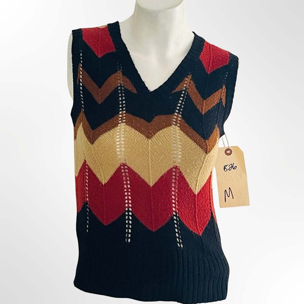 Vintage 1970s Montage V-Neck Chevron Striped Knit Sweater Vest Medium